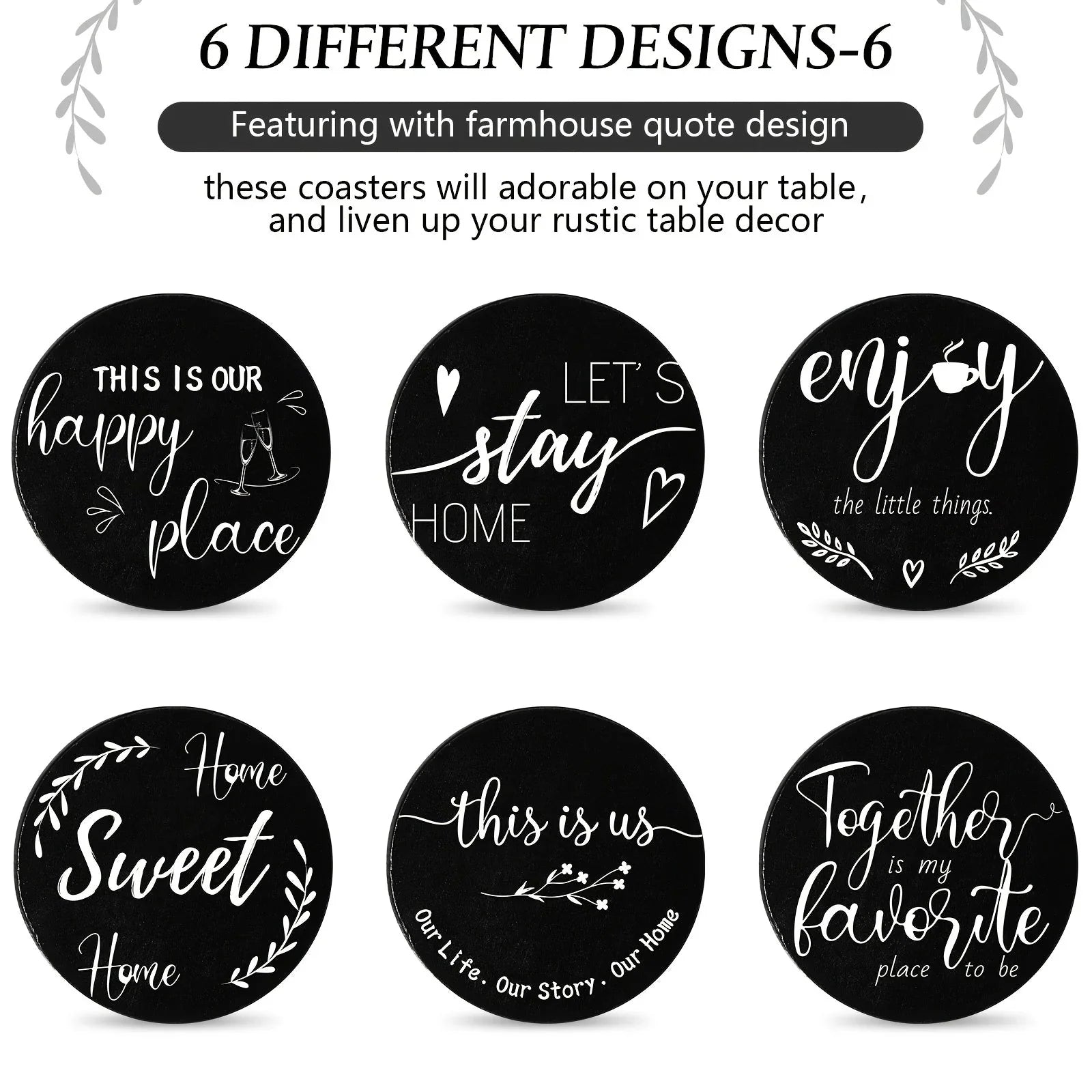 6pc Black Wooden Heart Coasters with Holder - House Of Avana