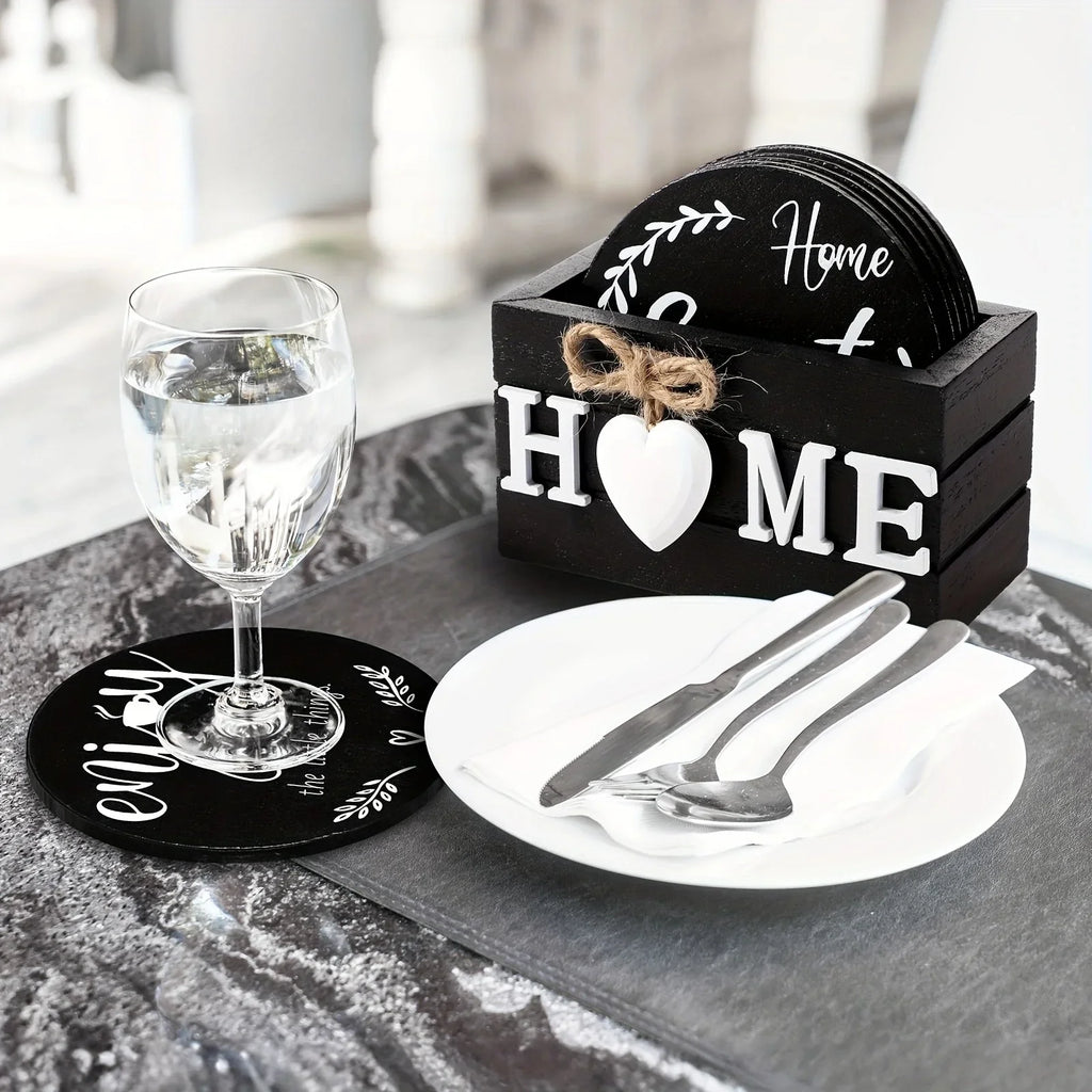 6pc Black Wooden Heart Coasters with Holder - House Of Avana