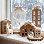 6pcs Artificial Wood Christmas Village House Centerpieces with Bow Tiered Trays - Multi-Tiered Layered Farmhouse Table Decor, Snowy Winter Scene with Arched Doors & Pointed Roofs, Sturdy Base for Indoor/Outdoor Holiday Tablet House Of Avana