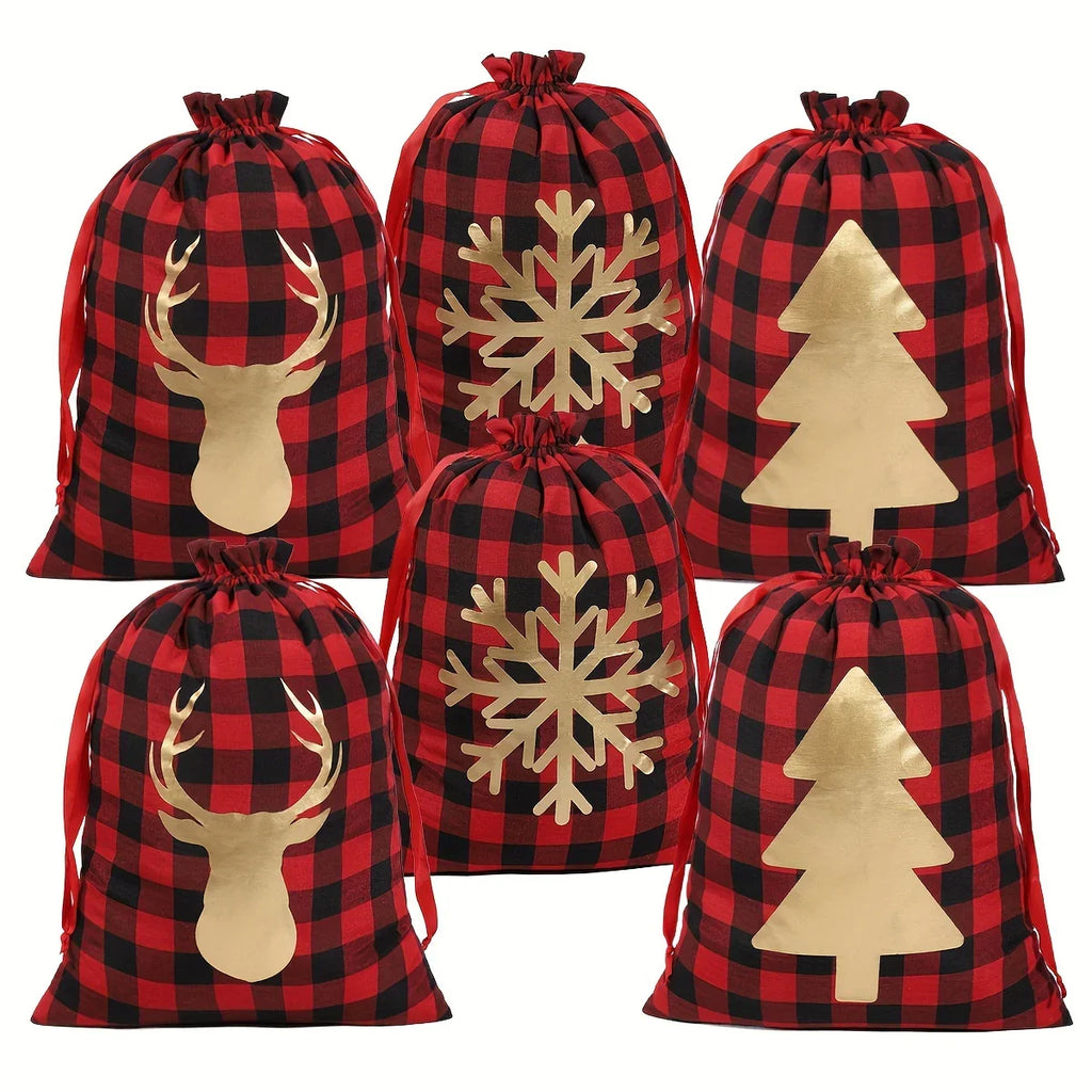 6pcs Christmas Gift Bags with Drawstring - Red & Checkered Deer & Snowflake Design, Medium Party Favor Bags with Golden Drawstring Closure, Reusable Polyester Blend For Xmas Presents, Santa Sacks, Festive Wrapping Sacks, Holi House Of Avana