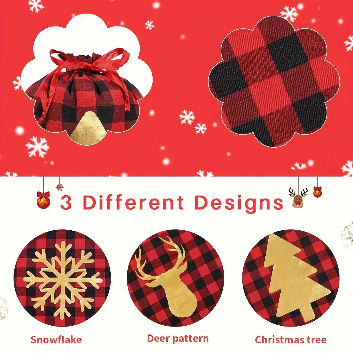 6pcs Christmas Gift Bags with Drawstring - Red & Checkered Deer & Snowflake Design, Medium Party Favor Bags with Golden Drawstring Closure, Reusable Polyester Blend For Xmas Presents, Santa Sacks, Festive Wrapping Sacks, Holi House Of Avana