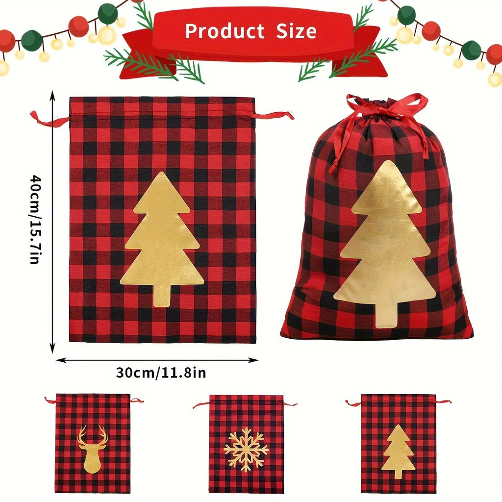 6pcs Christmas Gift Bags with Drawstring - Red & Checkered Deer & Snowflake Design, Medium Party Favor Bags with Golden Drawstring Closure, Reusable Polyester Blend For Xmas Presents, Santa Sacks, Festive Wrapping Sacks, Holi House Of Avana