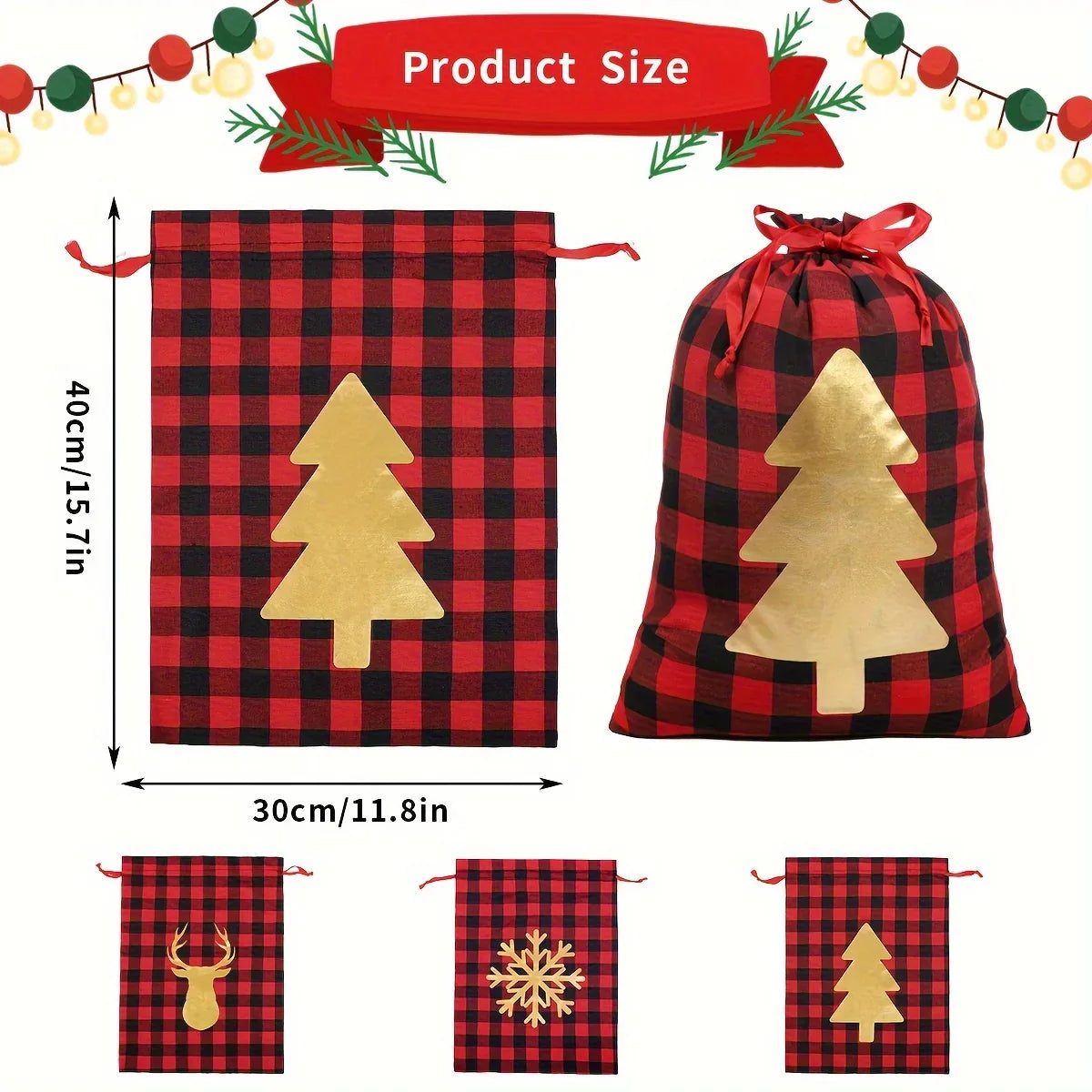 6pcs Christmas Gift Bags with Drawstring - Red & Checkered Deer & Snowflake Design, Medium Party Favor Bags with Golden Drawstring Closure, Reusable Polyester Blend For Xmas Presents, Santa Sacks, Festive Wrapping Sacks, Holi House Of Avana
