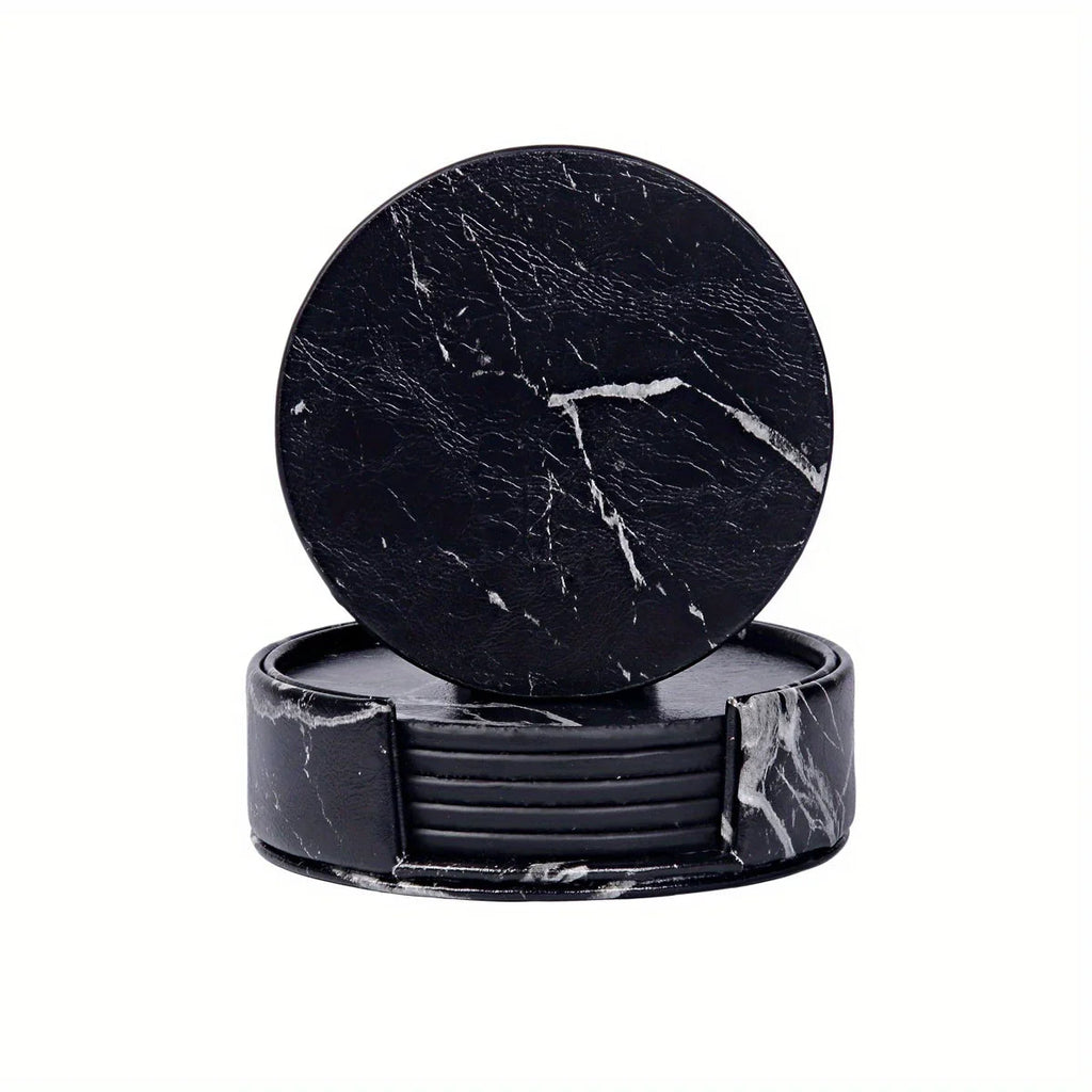 S Waiyifon Premium Faux Leather Drink Coasters with Holder - Elegant Black, Round Cup Mats for Tabletop... - House Of Avana [[SKU:HOA-TBL-401]]