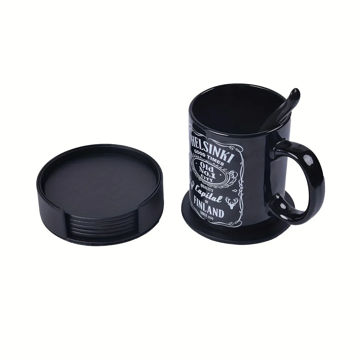 S Waiyifon Premium Faux Leather Drink Coasters with Holder - Elegant Black, Round Cup Mats for Tabletop... - House Of Avana [[SKU:HOA-TBL-401]]