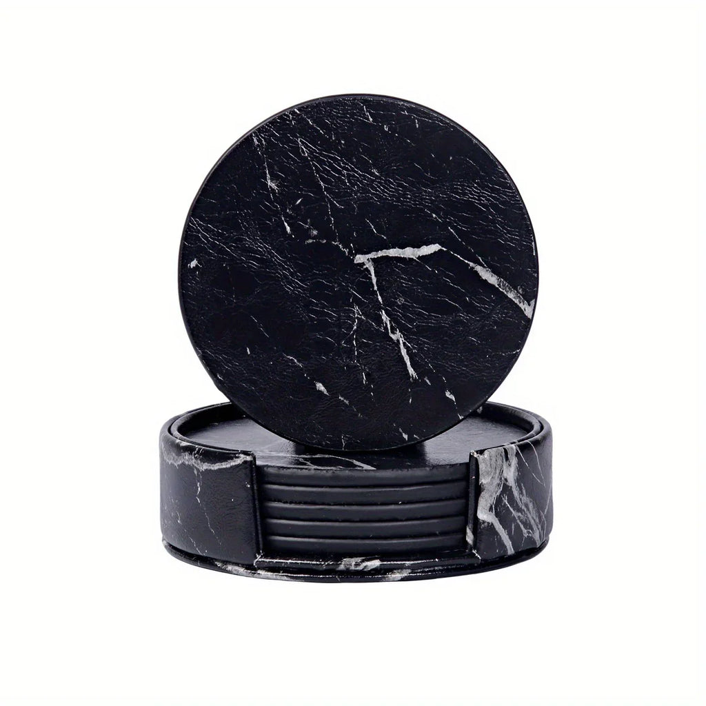 S Waiyifon Premium Faux Leather Drink Coasters with Holder - Elegant Black, Round Cup Mats for Tabletop... - House Of Avana