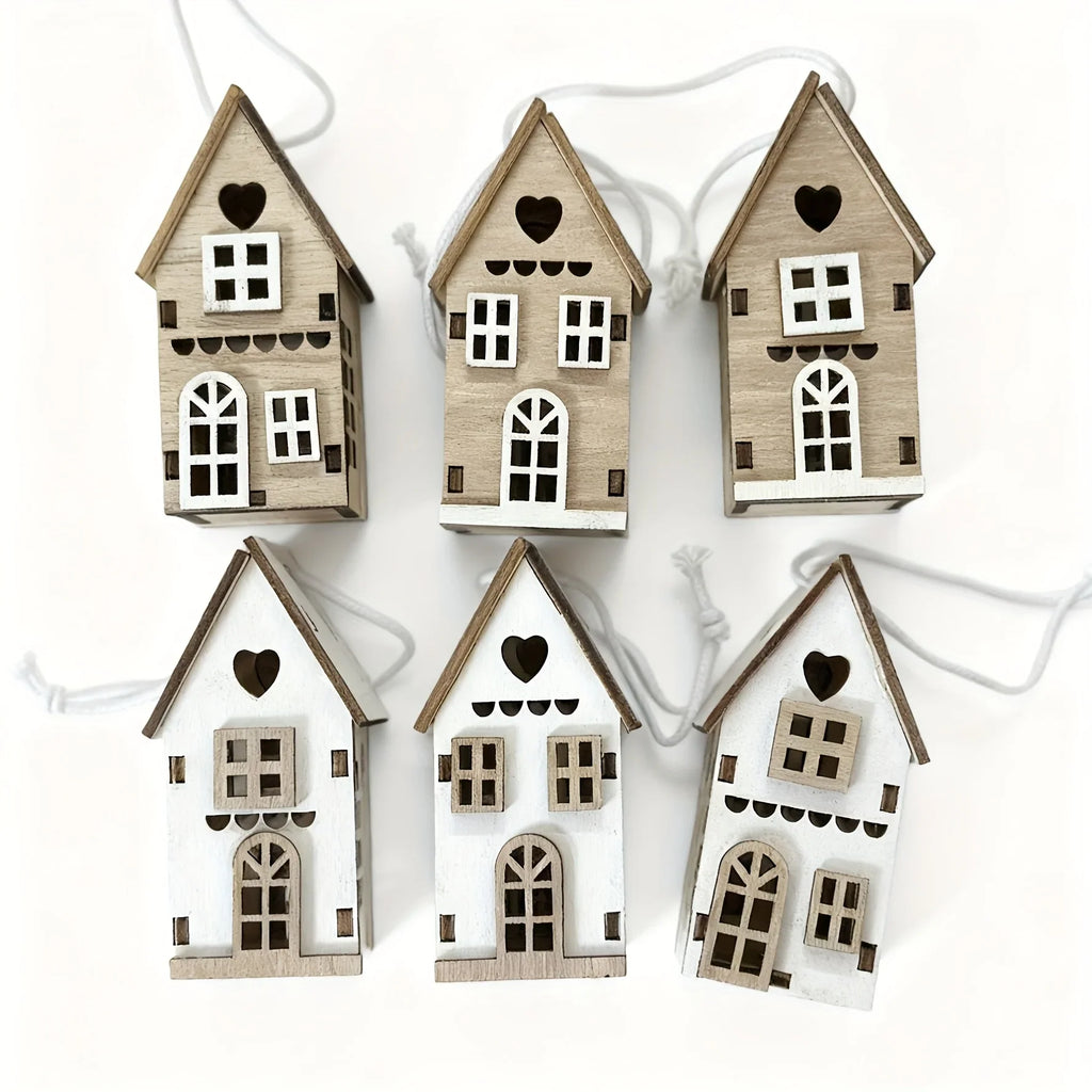6pcs Wooden Brown & White 3D Hanging House Ornaments with Windows - Festive Christmas Tree Decorations, Perfect for Wedding, Valentine'S Day, Thanksgiving House Of Avana