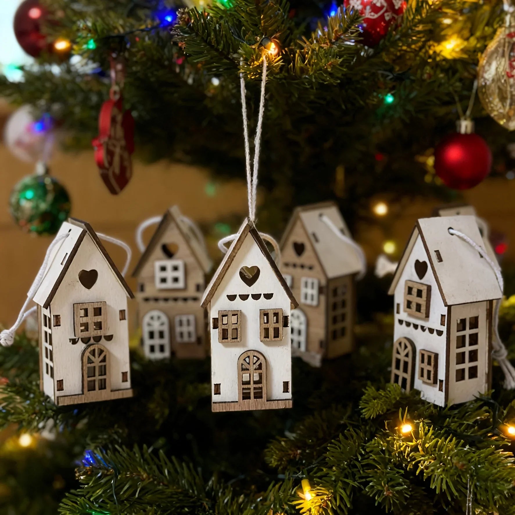 6pcs Wooden Brown & White 3D Hanging House Ornaments with Windows - Festive Christmas Tree Decorations, Perfect for Wedding, Valentine'S Day, Thanksgiving House Of Avana