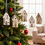 6pcs Wooden Brown & White 3D Hanging House Ornaments with Windows - Festive Christmas Tree Decorations, Perfect for Wedding, Valentine'S Day, Thanksgiving House Of Avana