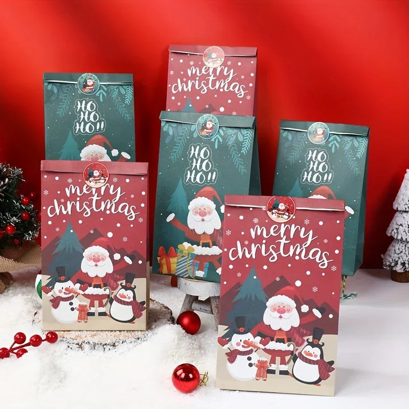 6pcs,Christmas Paper Handbag with Stickers,Red Green Santa Claus Snowman Penguin Design Gift Bag,Merry Christmas Decoration for Home,Xmas Decor,Natal Navidad Noel Decor,New Year Supplies,Christmas Gift Packaging Bag House Of Avana