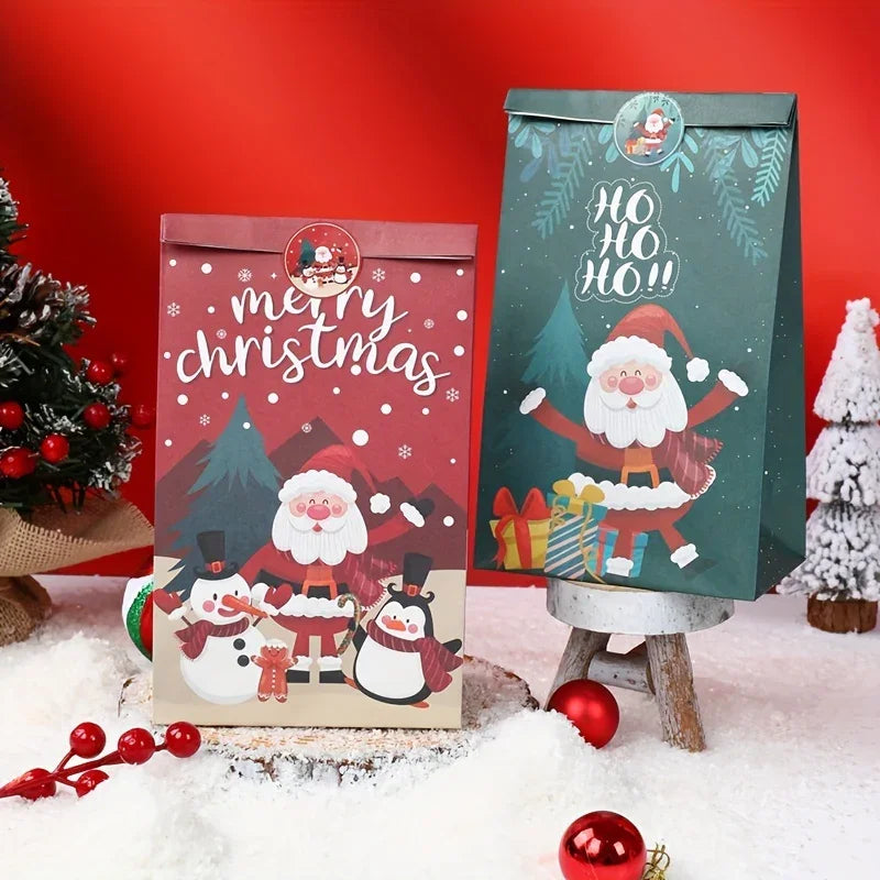 6pcs,Christmas Paper Handbag with Stickers,Red Green Santa Claus Snowman Penguin Design Gift Bag,Merry Christmas Decoration for Home,Xmas Decor,Natal Navidad Noel Decor,New Year Supplies,Christmas Gift Packaging Bag House Of Avana