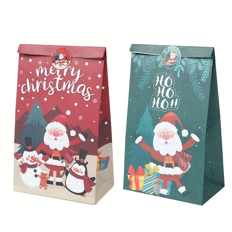 6pcs,Christmas Paper Handbag with Stickers,Red Green Santa Claus Snowman Penguin Design Gift Bag,Merry Christmas Decoration for Home,Xmas Decor,Natal Navidad Noel Decor,New Year Supplies,Christmas Gift Packaging Bag House Of Avana