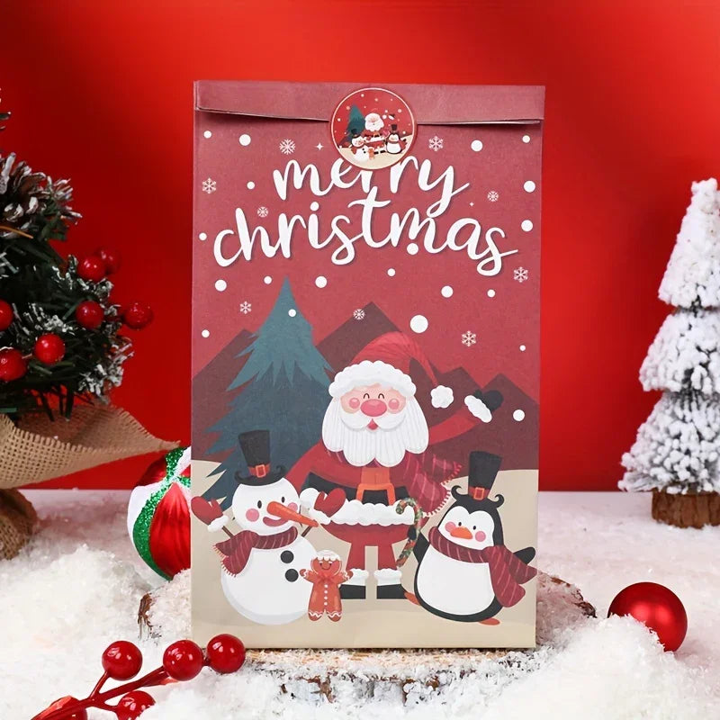 6pcs,Christmas Paper Handbag with Stickers,Red Green Santa Claus Snowman Penguin Design Gift Bag,Merry Christmas Decoration for Home,Xmas Decor,Natal Navidad Noel Decor,New Year Supplies,Christmas Gift Packaging Bag House Of Avana
