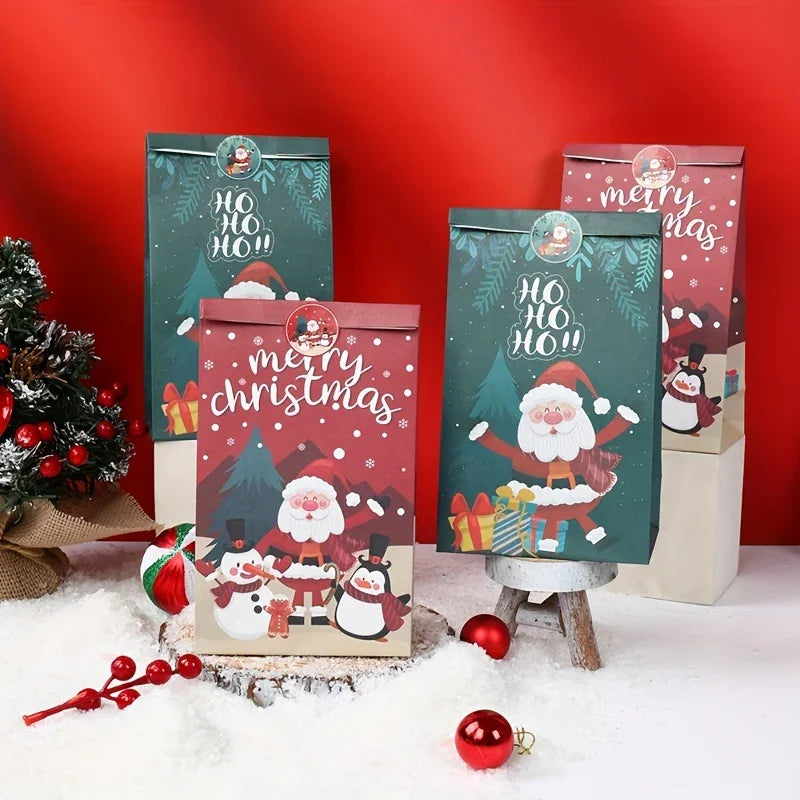 6pcs,Christmas Paper Handbag with Stickers,Red Green Santa Claus Snowman Penguin Design Gift Bag,Merry Christmas Decoration for Home,Xmas Decor,Natal Navidad Noel Decor,New Year Supplies,Christmas Gift Packaging Bag House Of Avana