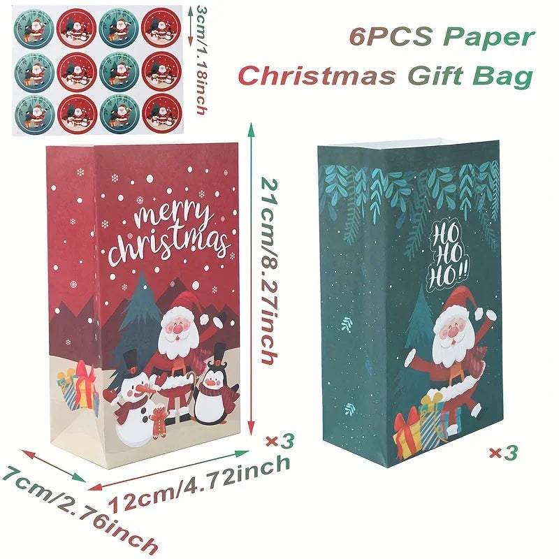 6pcs,Christmas Paper Handbag with Stickers,Red Green Santa Claus Snowman Penguin Design Gift Bag,Merry Christmas Decoration for Home,Xmas Decor,Natal Navidad Noel Decor,New Year Supplies,Christmas Gift Packaging Bag House Of Avana
