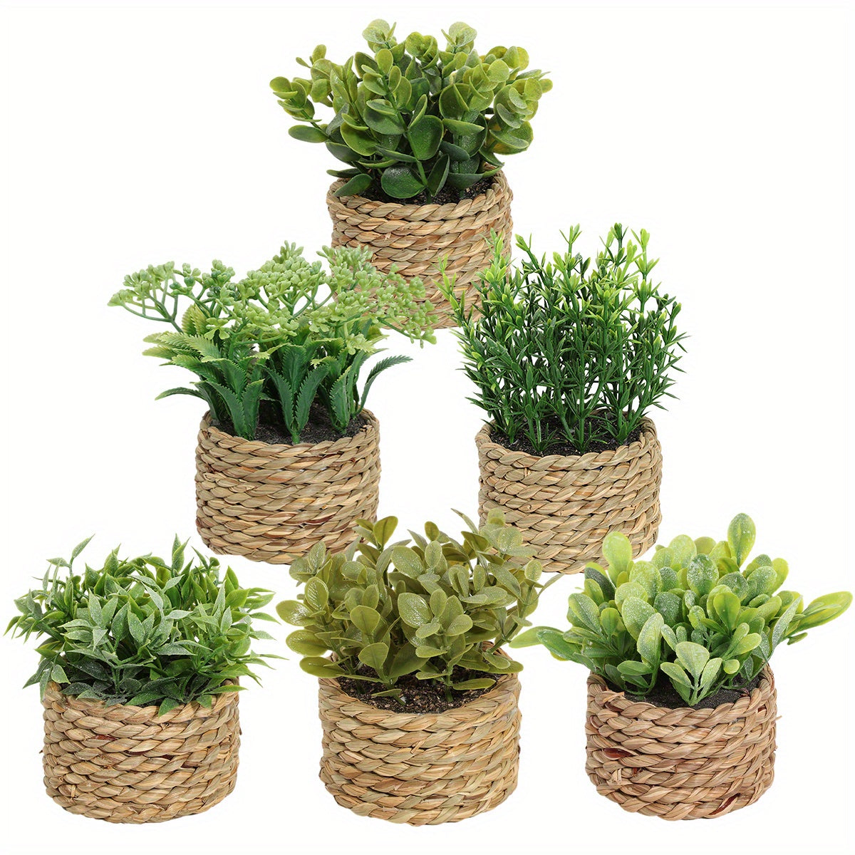 6pcs/set artificial fern grass potted plants, simulated lavender boxwood mini potted plant with faux eucalyptus leaves and mimosa rope weaving decoration, green color, white finish, PE material, tabletop decor, artificial flo House Of Avana