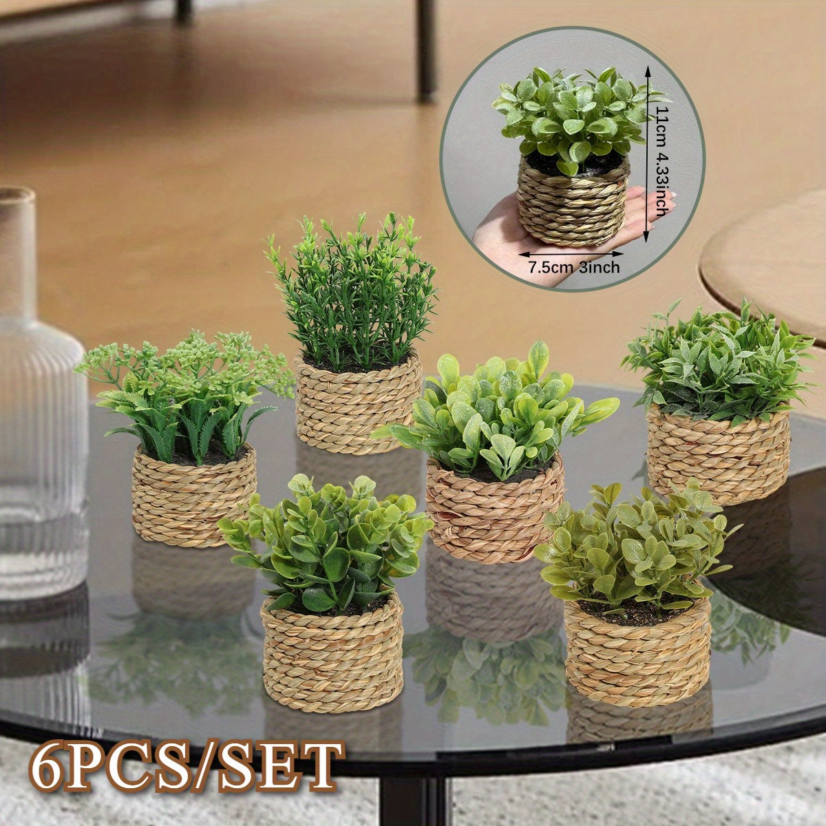 6pcs/set artificial fern grass potted plants, simulated lavender boxwood mini potted plant with faux eucalyptus leaves and mimosa rope weaving decoration, green color, white finish, PE material, tabletop decor, artificial flo House Of Avana