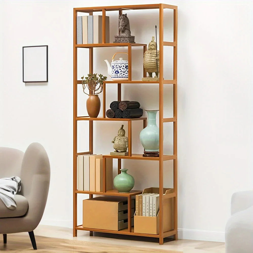 7-Tier S-Shaped Cube Bookcase - Natural Wood Floor Standing Storage Shelf with Open Wide Shelves for Books, Plants, Decor, and Essentials - Minimalist Organizer for Living Room, Office, or Balcony, Book Shelf House Of Avana