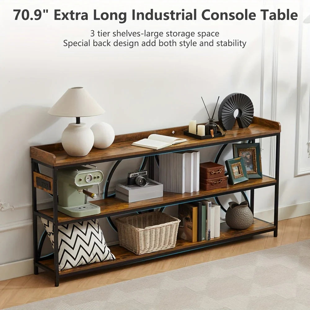 70.9" Extra Long Industrial Console Table, 3-Tier Rustic Metal & Wooden Display Rack, Heavy Duty Storage Shelves with Built-In Outlets, Vintage Entryway or Office Table, 54.3 lbs, Marble White or Rustic Finish, Entryway Furni House Of Avana