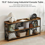 70.9" Extra Long Industrial Console Table, 3-Tier Rustic Metal & Wooden Display Rack, Heavy Duty Storage Shelves with Built-In Outlets, Vintage Entryway or Office Table, 54.3 lbs, Marble White or Rustic Finish, Entryway Furni House Of Avana