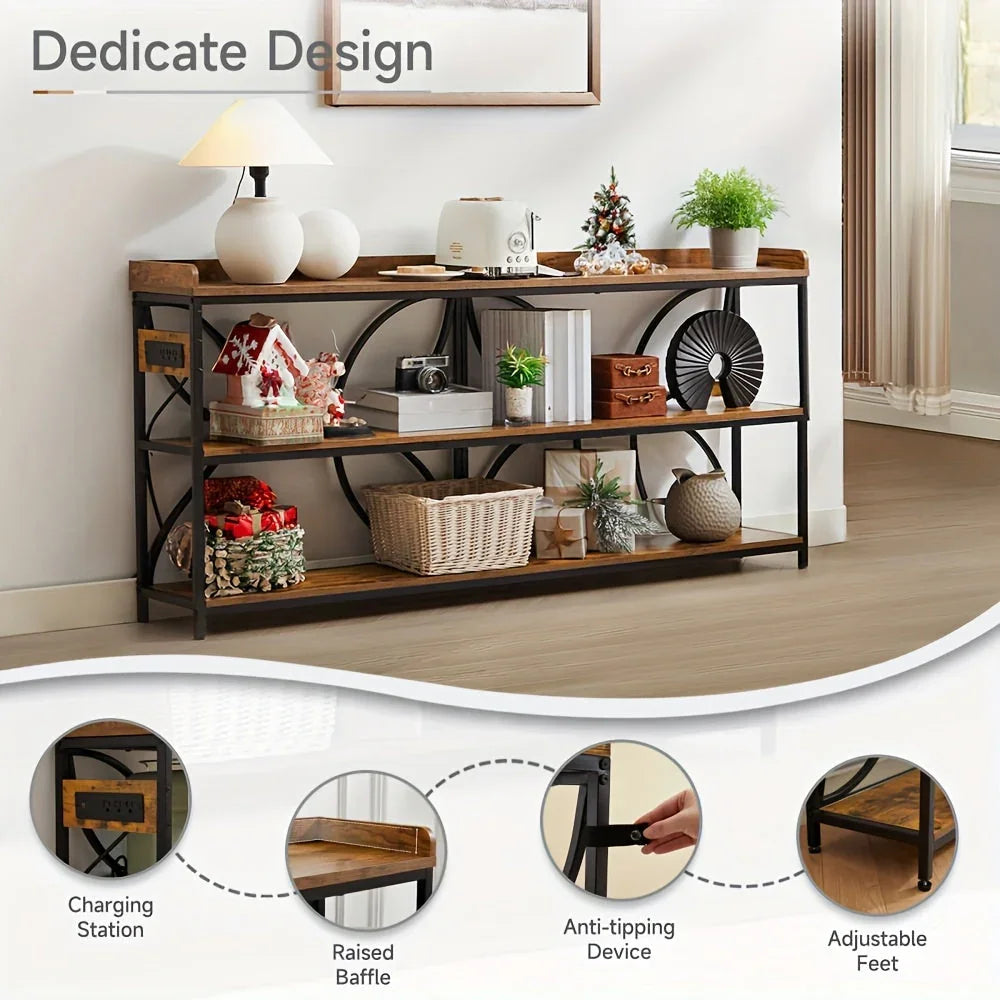 70.9" Extra Long Industrial Console Table, 3-Tier Rustic Metal & Wooden Display Rack, Heavy Duty Storage Shelves with Built-In Outlets, Vintage Entryway or Office Table, 54.3 lbs, Marble White or Rustic Finish, Entryway Furni House Of Avana