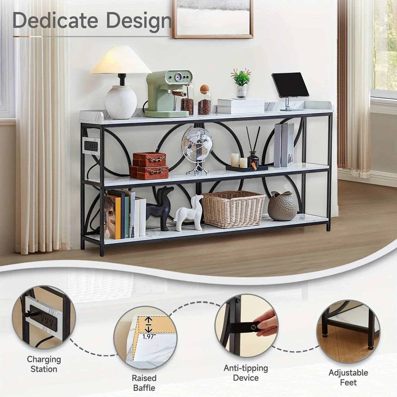 70.9" Extra Long Industrial Console Table, 3-Tier Rustic Metal & Wooden Display Rack, Heavy Duty Storage Shelves with Built-In Outlets, Vintage Entryway or Office Table, 54.3 lbs, Marble White or Rustic Finish, Entryway Furni House Of Avana