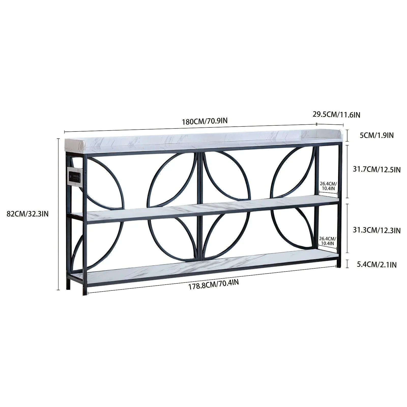 70.9" Extra Long Industrial Console Table, 3-Tier Rustic Metal & Wooden Display Rack, Heavy Duty Storage Shelves with Built-In Outlets, Vintage Entryway or Office Table, 54.3 lbs, Marble White or Rustic Finish, Entryway Furni House Of Avana