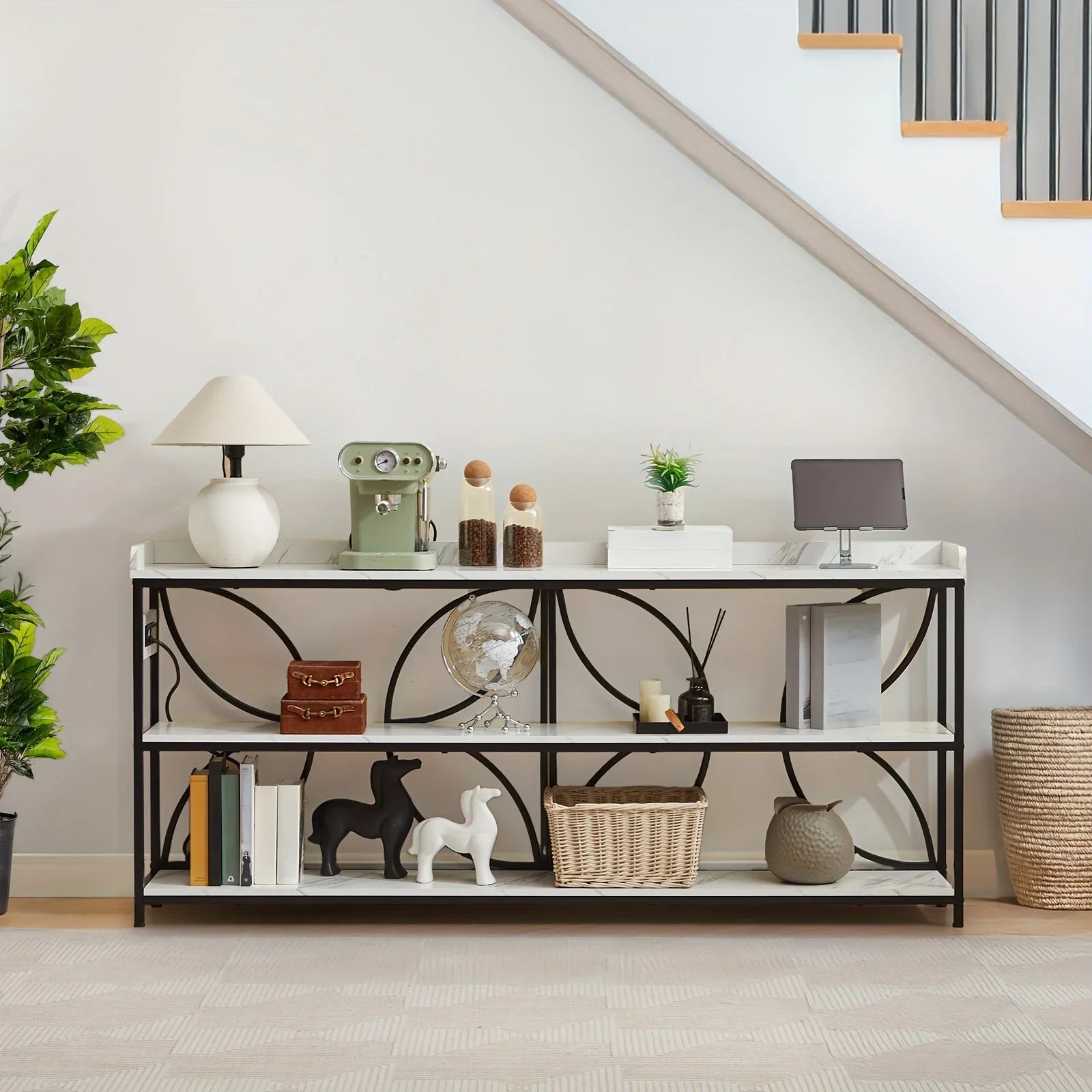 70.9" Extra Long Industrial Console Table, 3-Tier Rustic Metal & Wooden Display Rack, Heavy Duty Storage Shelves with Built-In Outlets, Vintage Entryway or Office Table, 54.3 lbs, Marble White or Rustic Finish, Entryway Furni House Of Avana