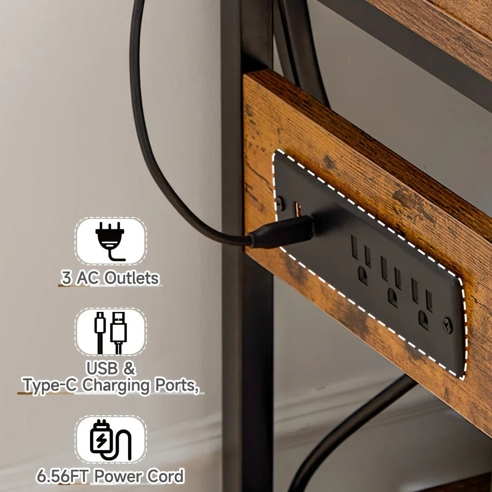 70.9" Extra Long Industrial Console Table, 3-Tier Rustic Metal & Wooden Display Rack, Heavy Duty Storage Shelves with Built-In Outlets, Vintage Entryway or Office Table, 54.3 lbs, Marble White or Rustic Finish, Entryway Furni House Of Avana