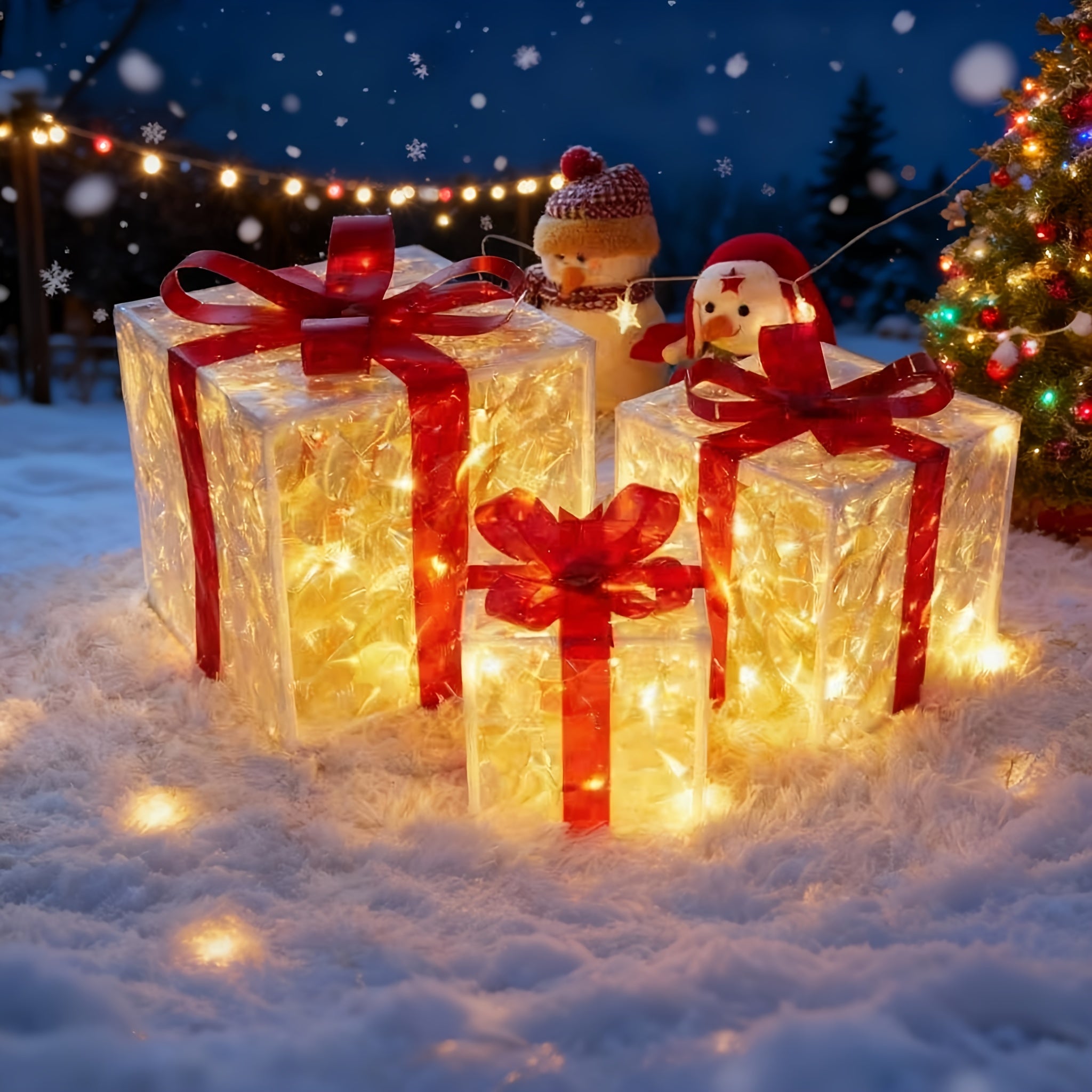 3pcs Set of Lighted Christmas Gift Boxes in Various Sizes - Festive Decor with Ribbon, Battery-Powered, Warm Glow, Suitable for Indoor/Outdoor Use, Perfect for Christmas Trees, Yards, and Home Decor House Of Avana