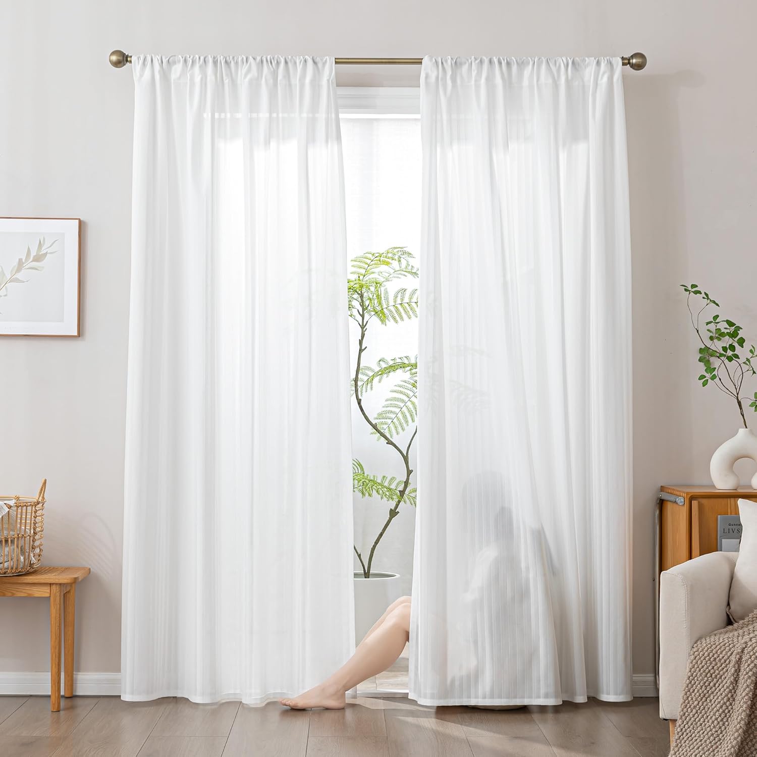 Non-See-Through Thermal Insulated White Sheer Curtains 2 Panels Set Light Filtering Window Drapes with Rod Pocket Sleep Zone
