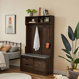 71'' Farmhouse Hall Tree, Entryway Storage Bench with Sliding Barn Door and Coat Rack, Wood Coat Tree Christmas, Halloween Gift House Of Avana
