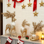 3pcs Golden Christmas Reindeer Statue Ornaments, Holiday Decor with Antler Shaped Branches for Tabletop Display - Perfect Gift Box Filler and Shelf or Mantelpiece Accent, Festive Decorations, Decorative Ornaments, Detailed Cr House Of Avana
