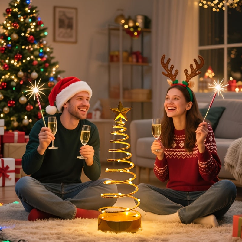 Shenzhi Tech LED Spiral Star Tree Light with Warm White Twinkling & Golden Star Topper - Modern Metal /Outdoor Tabletop Christmas Wedding Party Decor, Plug-Free Portable Spiral Lamp (AA Not House Of Avana