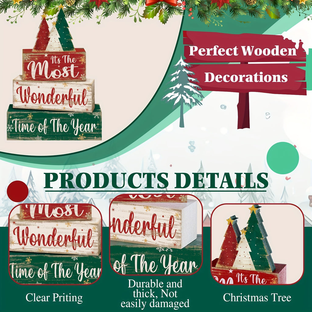 4pcs Christmas Table Centerpiece Christmas Tree, "Happy New Year" In English, Christmas Tiered Tray Decoration Set, Wooden Signs, Rustic Cute Tabletop Decor, Holiday Home Accessories, Suitable For Dining Tables, Fireplaces, C House Of Avana