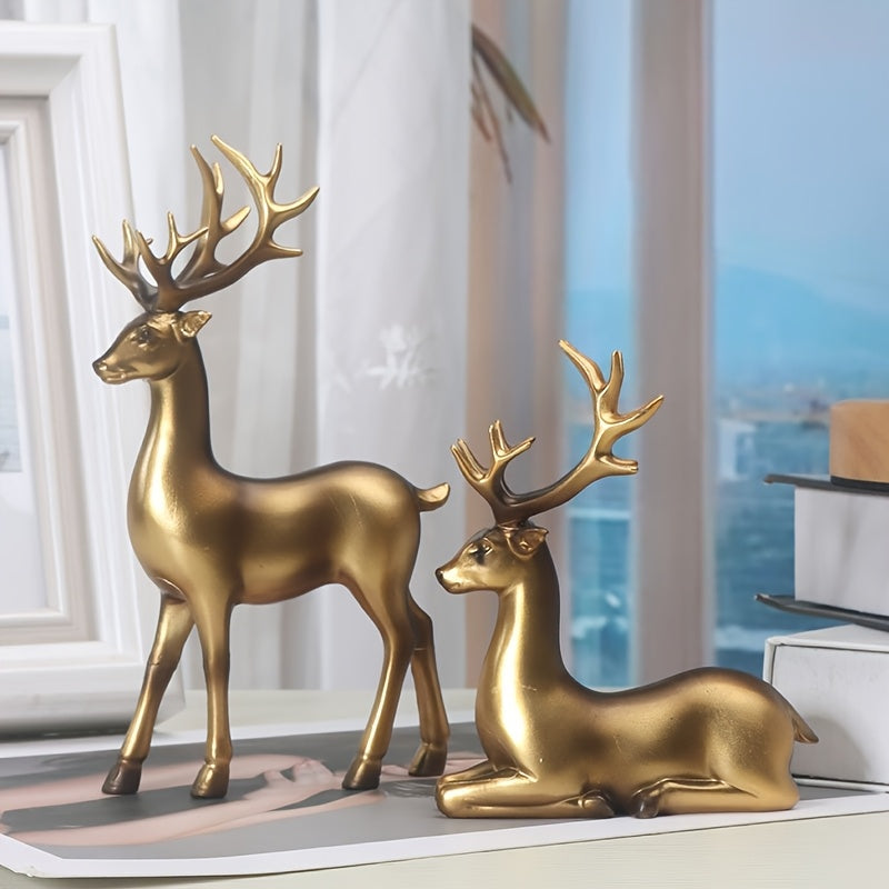 2pcs Black & Golden Deer Figurines - Elegant Standing Deer Statues with Antlers, Durable Plastic Christmas Decor for Home, Office, Living Room House Of Avana