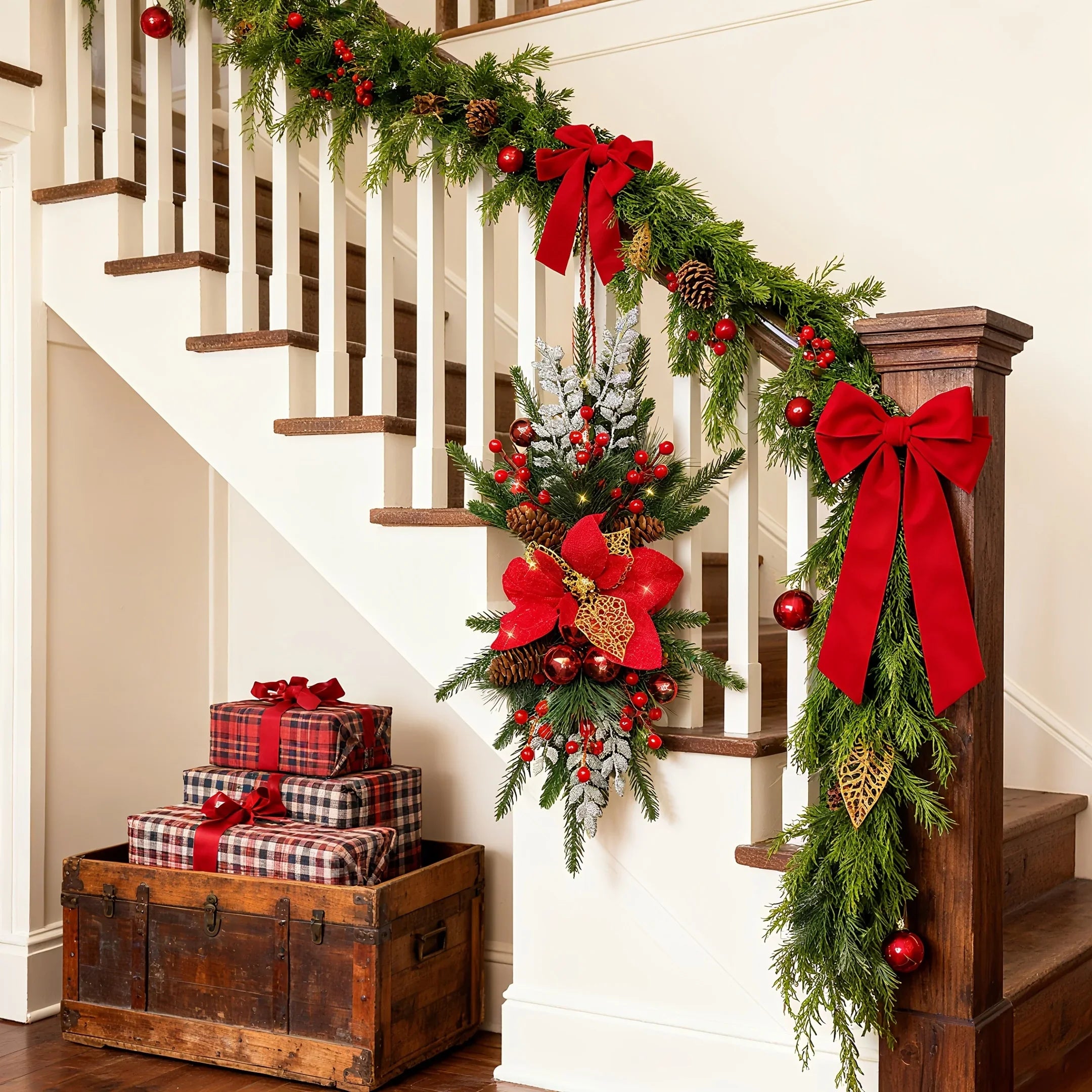 1-Pack 24-Inch Large Red & Christmas Garland with Poinsettias, Pine Cones, Berries & Bow - Stair Railing, Door, Wall Holiday Decorations - Plastic Faux Greenery Wreath for Xmas Tree-like Hanging (No Maintenance House Of Avana