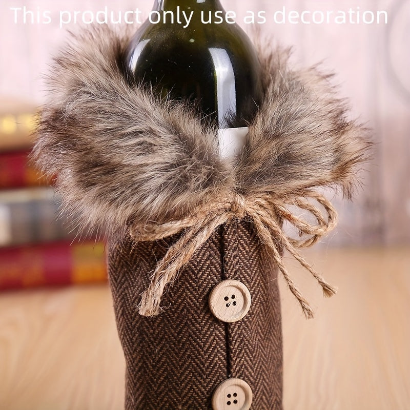 1pc Festive Christmas Wine Bottle Cover with Plush Fur Collar - Polyester, Perfect for Holiday Parties & Home Decor House Of Avana