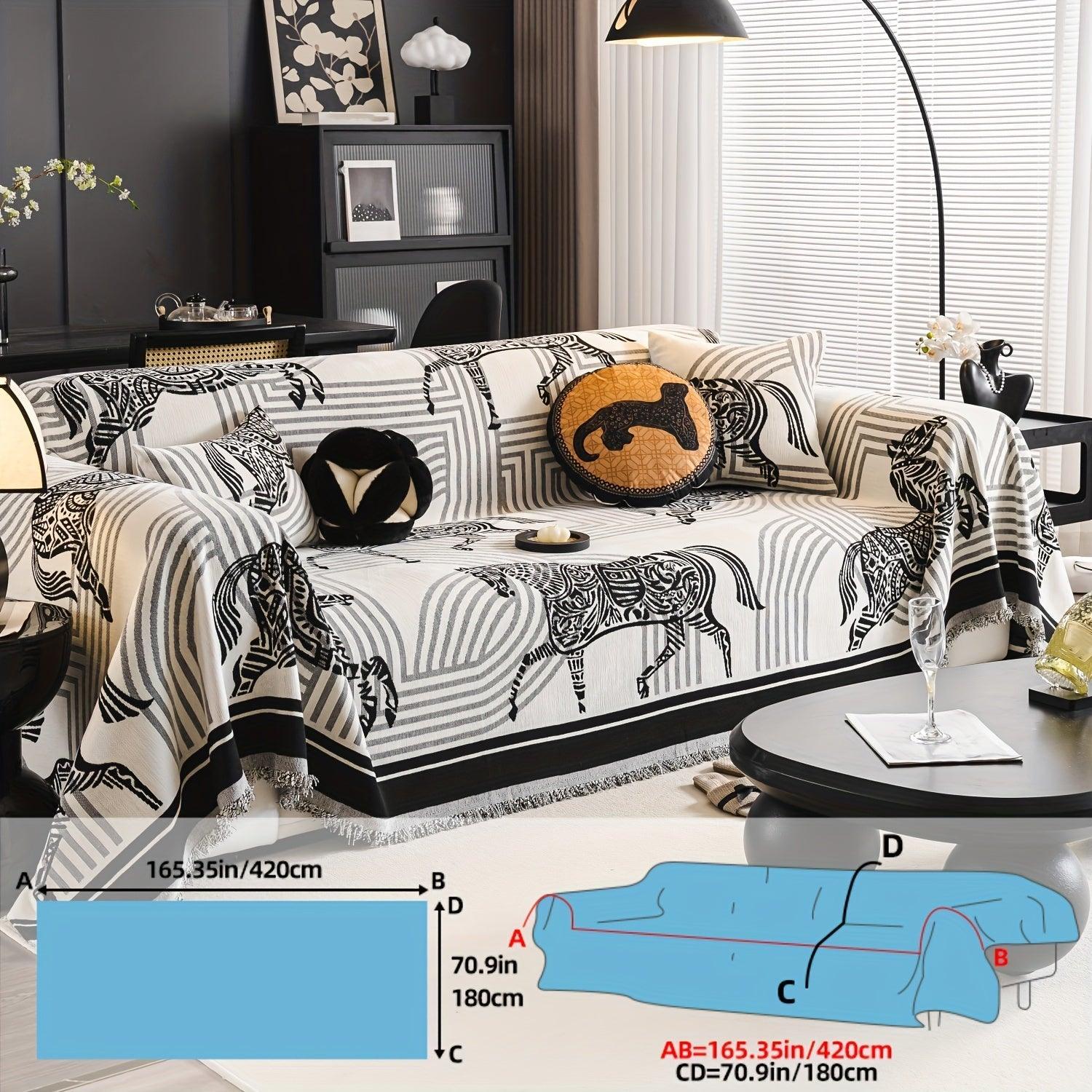 Luxurious Chenille Horse Design Sofa Cover Decor in Orange & Green topspet