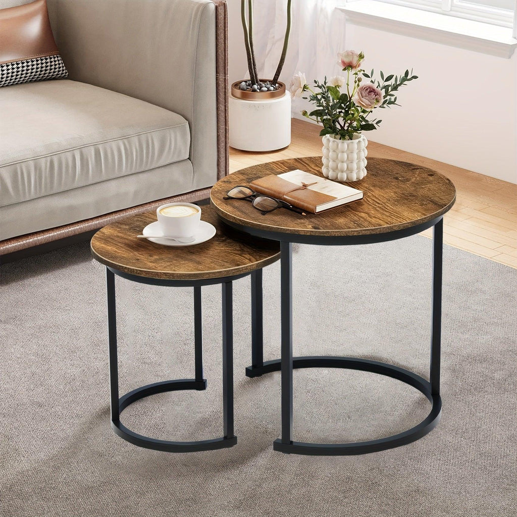Nesting Coffee Table Set of 2, Round Coffee Table with Wood Grain Top, Non-slip, Industrial Grade Side Table, Suitable for Living Room, Bedroom, Balcony, Courtyard House Of Avana
