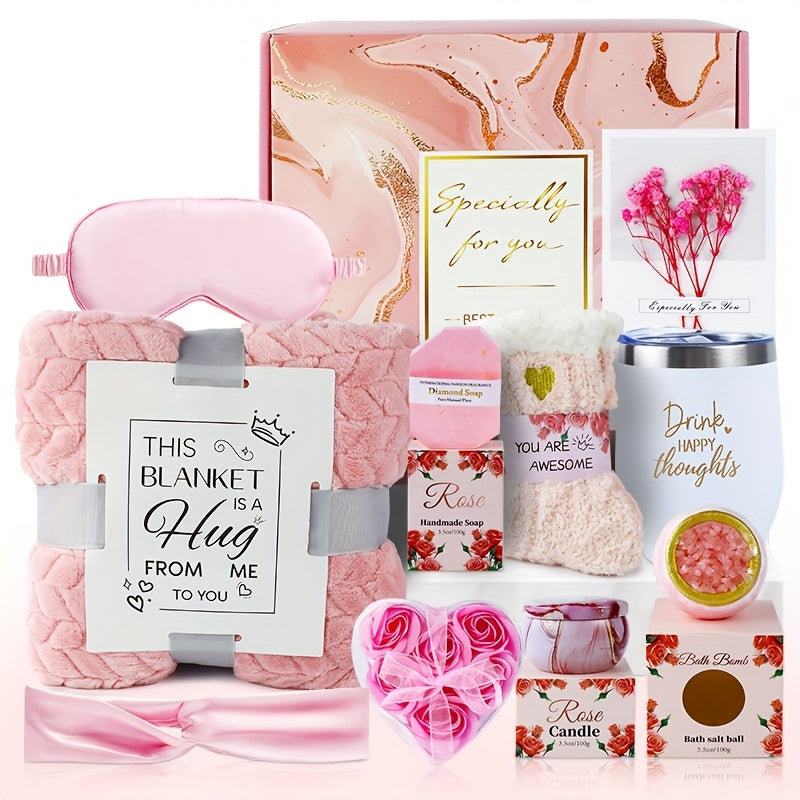 Bath Gift Set with Rose Scented Candles, Dried Flowers, Bath Salt Balls, Water Cups, Eye Masks, Gift Cards, Blankets, Soaps, Socks, Hair Ribbons, Can Be Used As Birthday, Christmas, Mother's Day, Valentine's Day Gifts for Fam House Of Avana