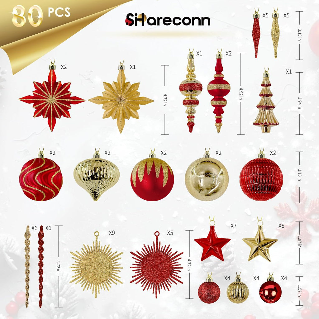 80pcs Christmas Ornaments Set, Shatterproof Heavy-Duty Plastic Decorations with Hanging Strings, for Xmas Tree Wreaths Weddings Parties, Large Red & Golden Spherical Shapes Golden Star, Indoor/Outdoor & Pets House Of Avana
