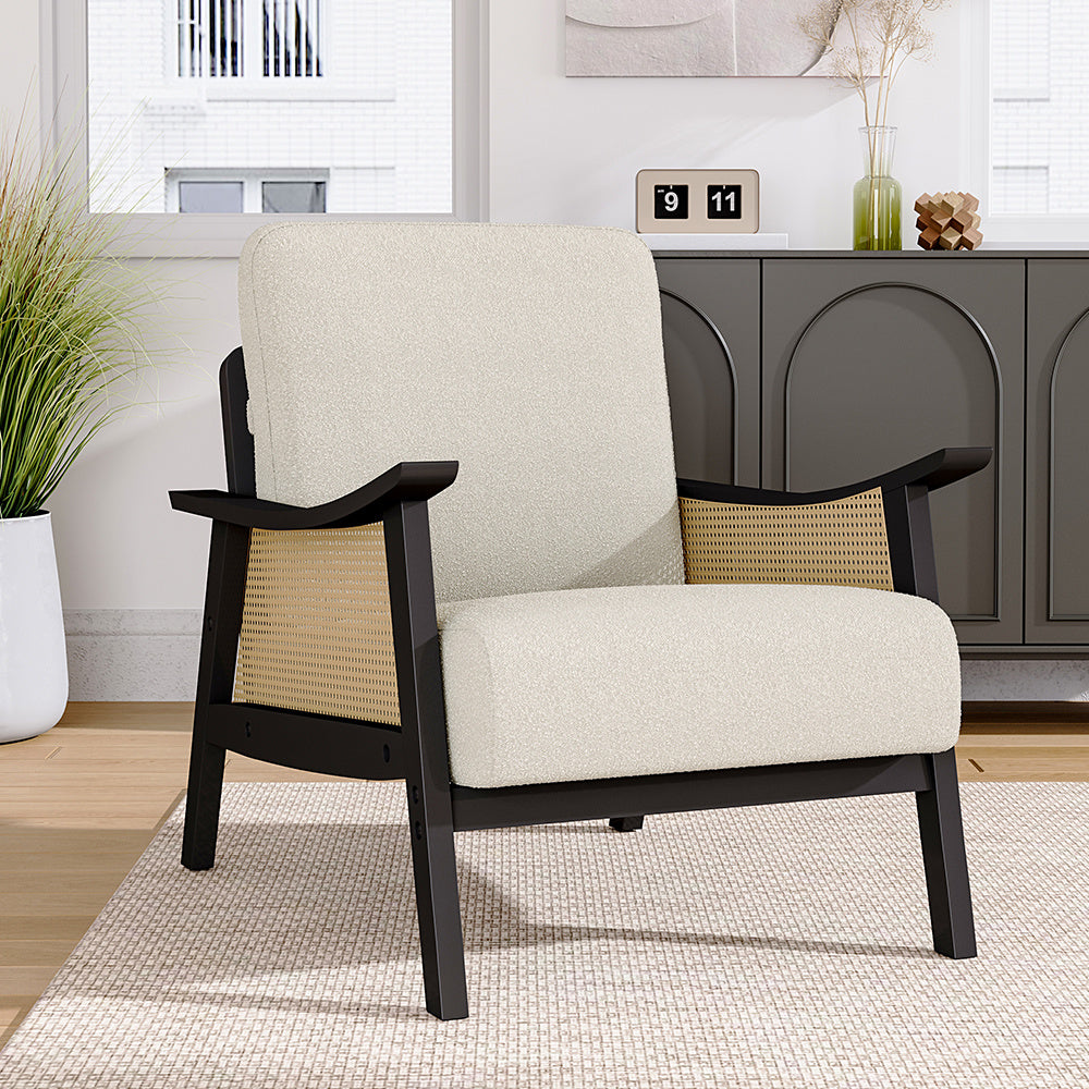 White Single Leisure Sofa, Rattan Decorative Armrest Upholstered Boucle Fabric Wingback Armchair with Padded Seat for Living Room Lounge Sofa Meeting Visitor Chair Cozy Chair for Bedroom Home Office House Of Avana