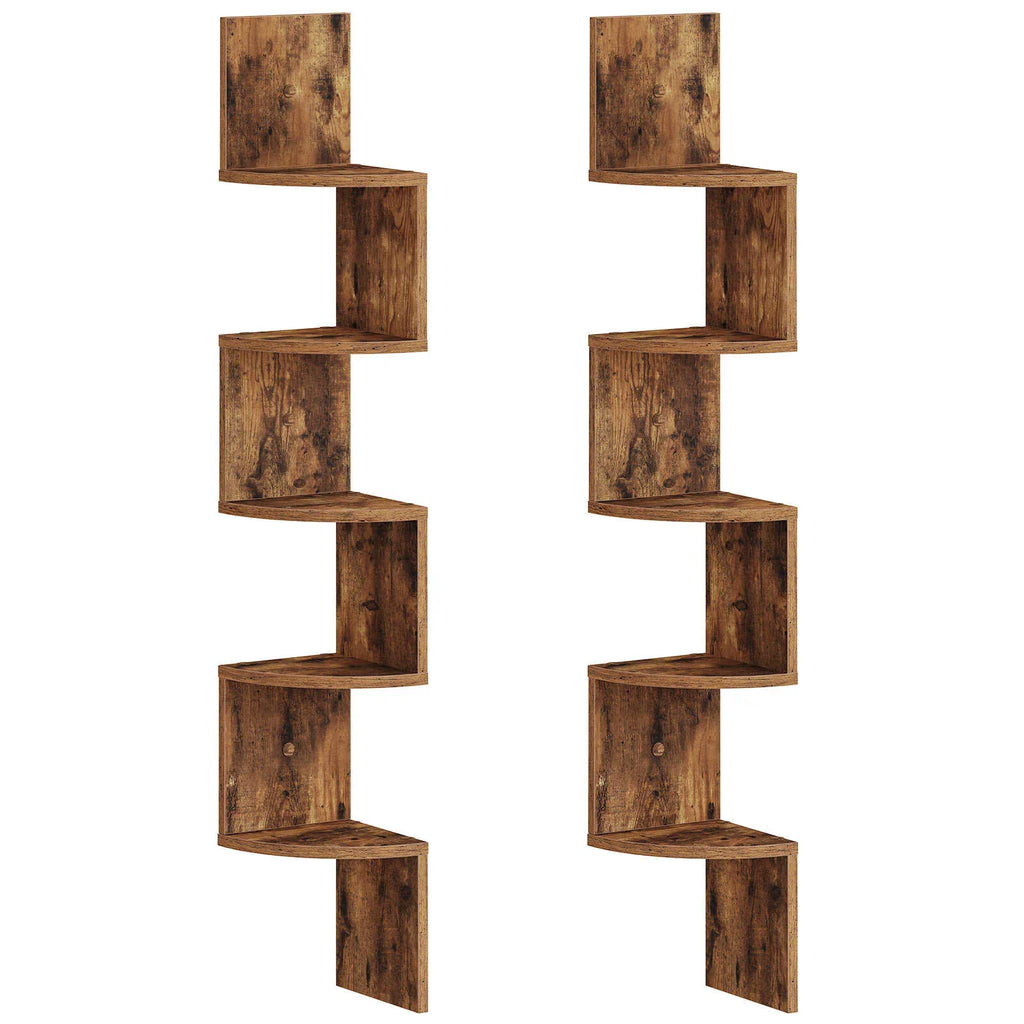 Set of 2 Corner Shelf Wall-Mounted, 5-Tier Bookshelves, Floating Corner Shelves for Wall Decor in Living Room, Bedroom, Bathroom, Home Office, Rustic Brown House Of Avana