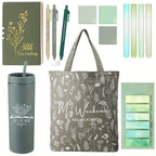 14pcs Book Lovers Gift Set 16oz Green Plastic Tumbler Canva Bag A6 Journal Notebook Ballpoint Pens Sticky Notes Highlighters for Librarian Bookworm Readers Nurse Study House Of Avana