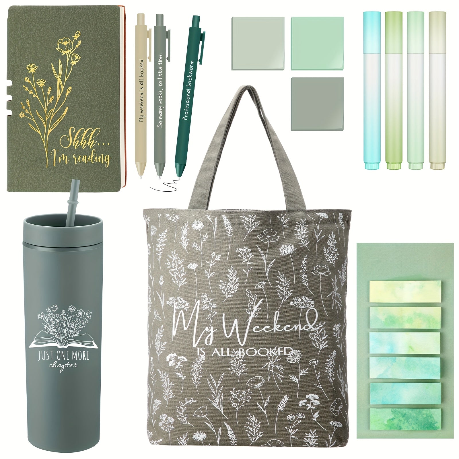 14pcs Book Lovers Gift Set 16oz Green Plastic Tumbler Canva Bag A6 Journal Notebook Ballpoint Pens Sticky Notes Highlighters for Librarian Bookworm Readers Nurse Study House Of Avana