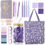29pcs Bible Journaling Kit 16oz Glass Cup Canvas Bag Leather Notebook Highlighters And Pens Sticky Note Tapes Gift Bible Study Supplies for Teacher Women Men Party Packs (Boho, Purple) House Of Avana