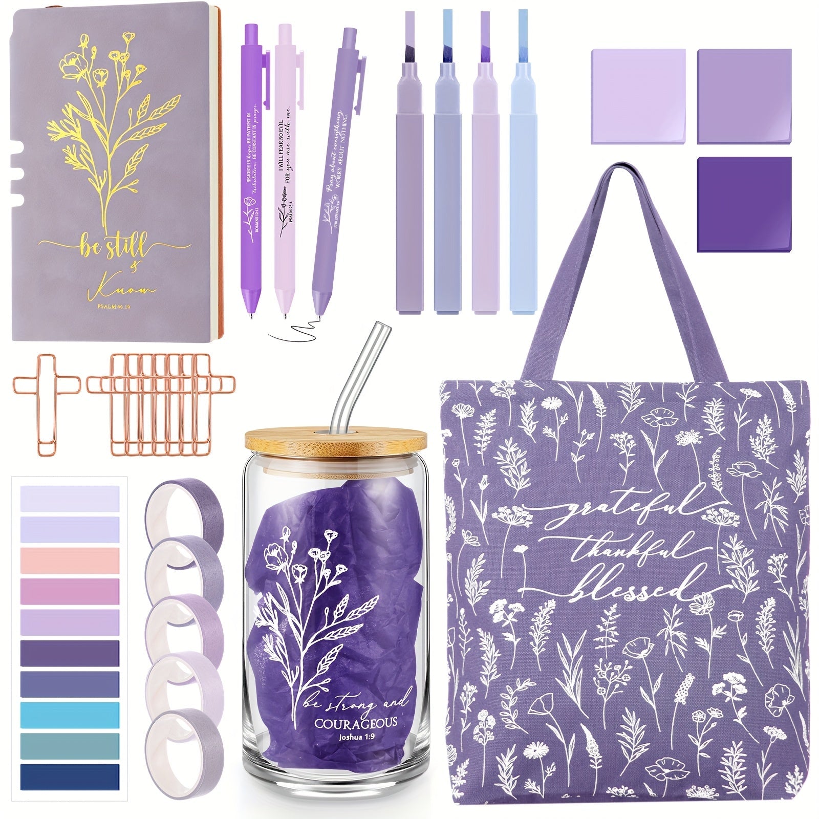 29pcs Bible Journaling Kit 16oz Glass Cup Canvas Bag Leather Notebook Highlighters And Pens Sticky Note Tapes Gift Bible Study Supplies for Teacher Women Men Party Packs (Boho, Purple) House Of Avana