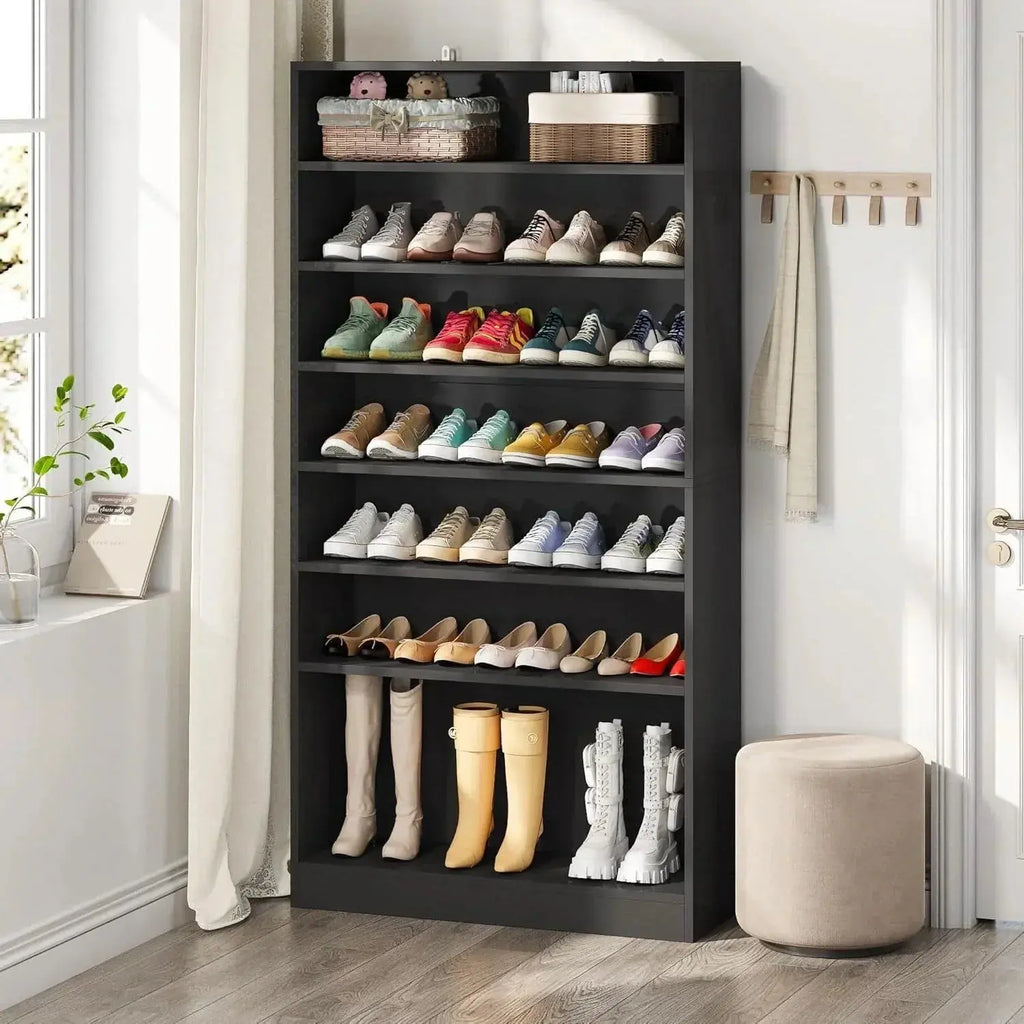8-Shelf Shoe Rack Storage Cabinet Closet Shelving Unit in Black Wood Finish