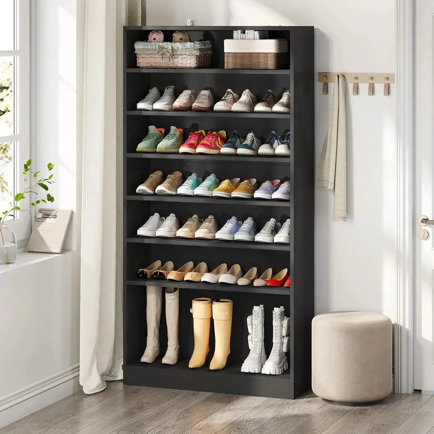 8-Shelf Shoe Rack Storage Cabinet Closet Shelving Unit in Black Wood Finish